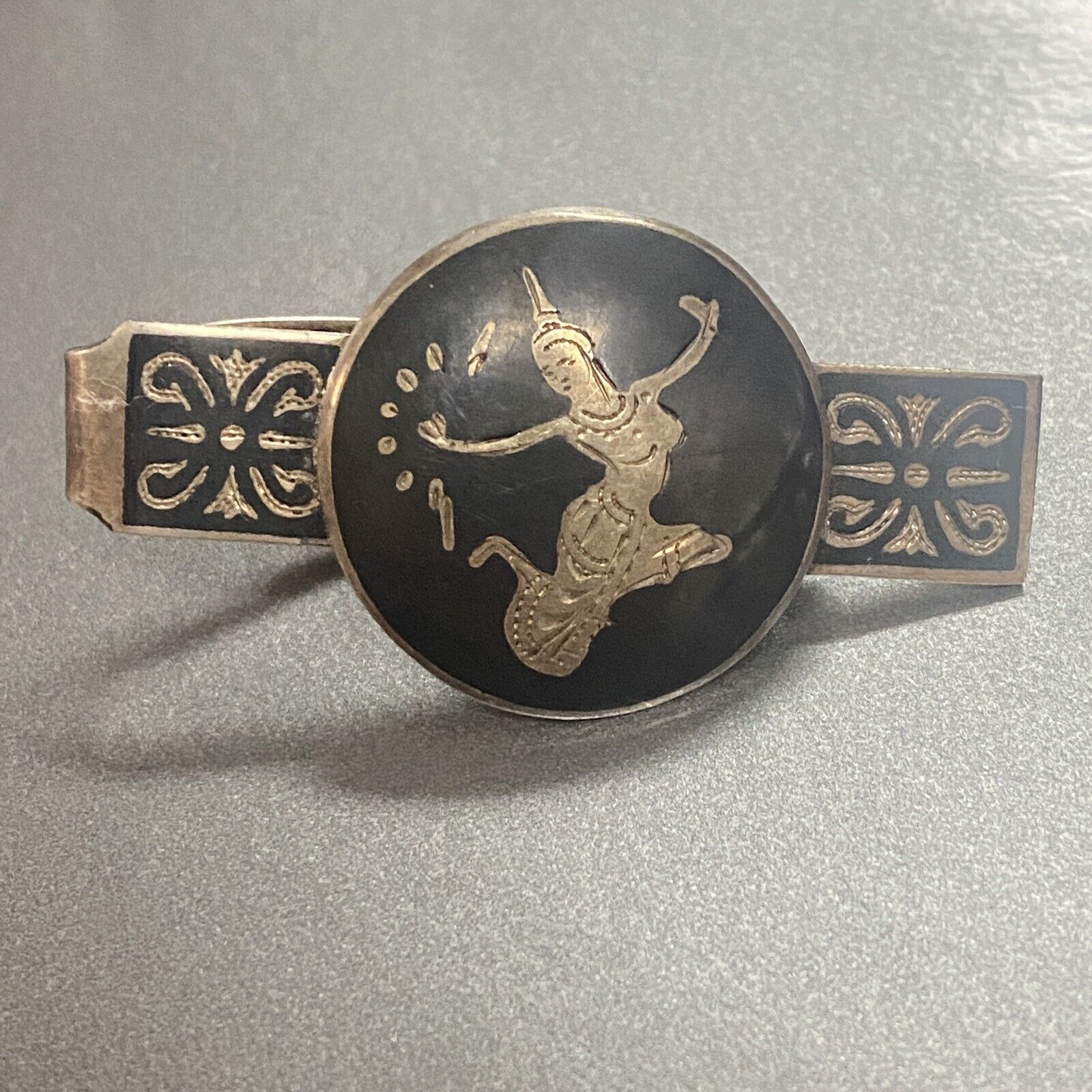 Vintage Siam Sterling Silver Niello Enamel Thai Dancer Tie Bar Slide Clip